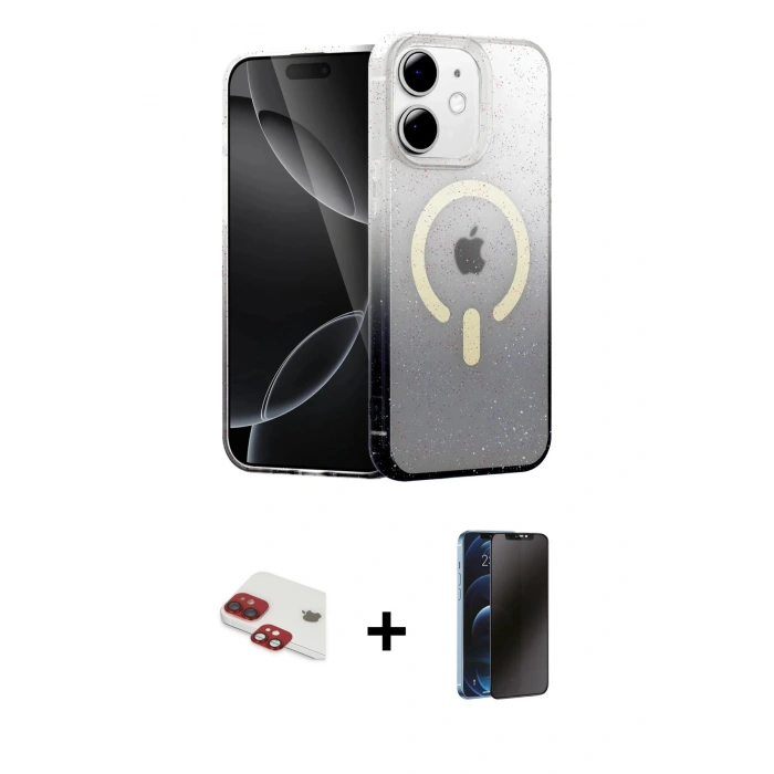 MARSİLYAN™- iPhone 11 Kılıf Eksen Minimal Özel Seri - Siyah 3D Antistatik Hayalet Cam Ekran Koruyucu + Pers Alüminyum Kamera Lens - KI