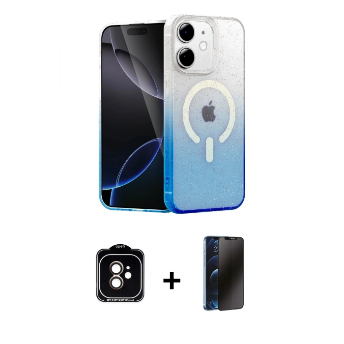 MARSİLYAN™- iPhone 11 Kılıf Eksen Minimal Özel Seri - Siyah 3D Antistatik Hayalet Cam Ekran Koruyucu + PVD Metal Kamera Lens - TU