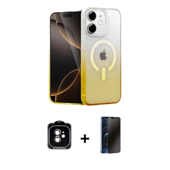 MARSİLYAN™- iPhone 11 Kılıf Eksen Minimal Özel Seri - Siyah 3D Antistatik Hayalet Cam Ekran Koruyucu + PVD Metal Kamera Lens - TU