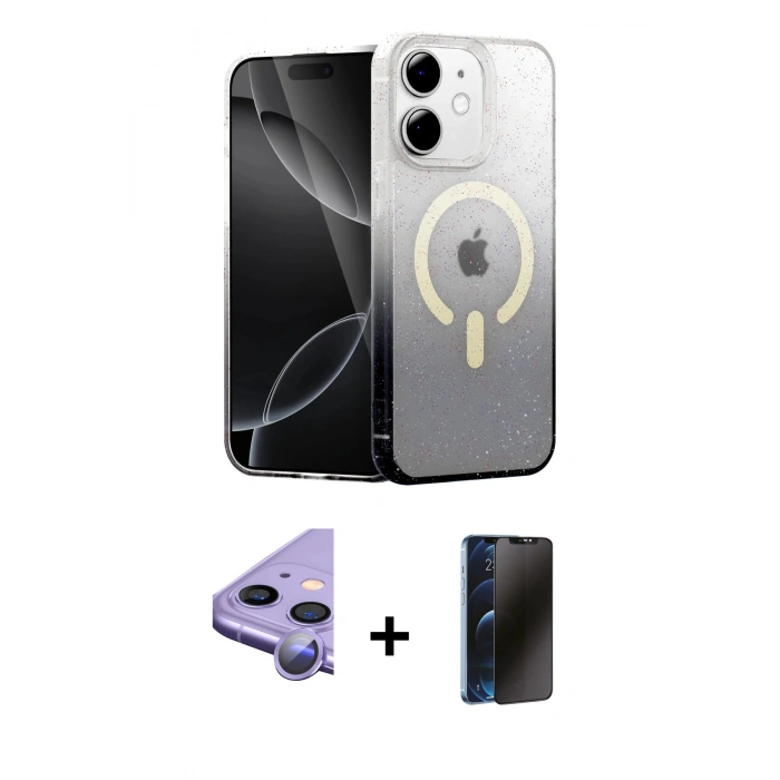 MARSİLYAN™- iPhone 11 Kılıf Eksen Minimal Özel Seri - Siyah 3D Antistatik Hayalet Cam Ekran Koruyucu + Raze Metal Kamera Lens - MR