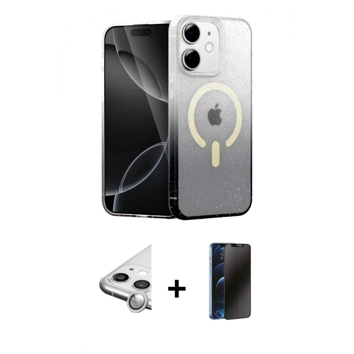 MARSİLYAN™- iPhone 11 Kılıf Eksen Minimal Özel Seri - Siyah 3D Antistatik Hayalet Cam Ekran Koruyucu + Raze Metal Kamera Lens - GS