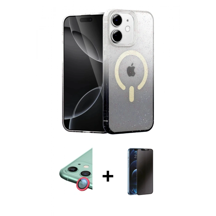 MARSİLYAN™- iPhone 11 Kılıf Eksen Minimal Özel Seri - Siyah 3D Antistatik Hayalet Cam Ekran Koruyucu + Raze Metal Kamera Lens - KI
