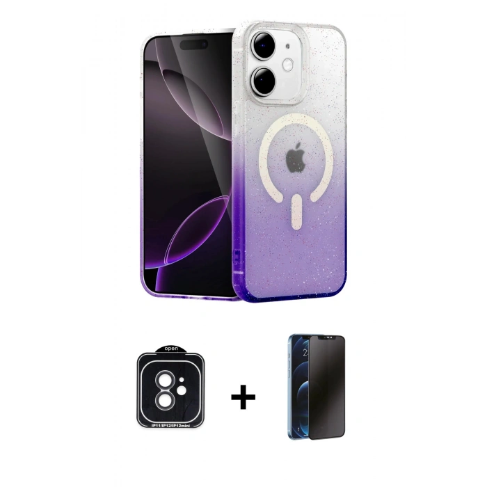 MARSİLYAN™- iPhone 11 Kılıf Eksen Minimal Özel Seri - Siyah 3D Antistatik Hayalet Cam Ekran Koruyucu + PVD Metal Kamera Lens - SH