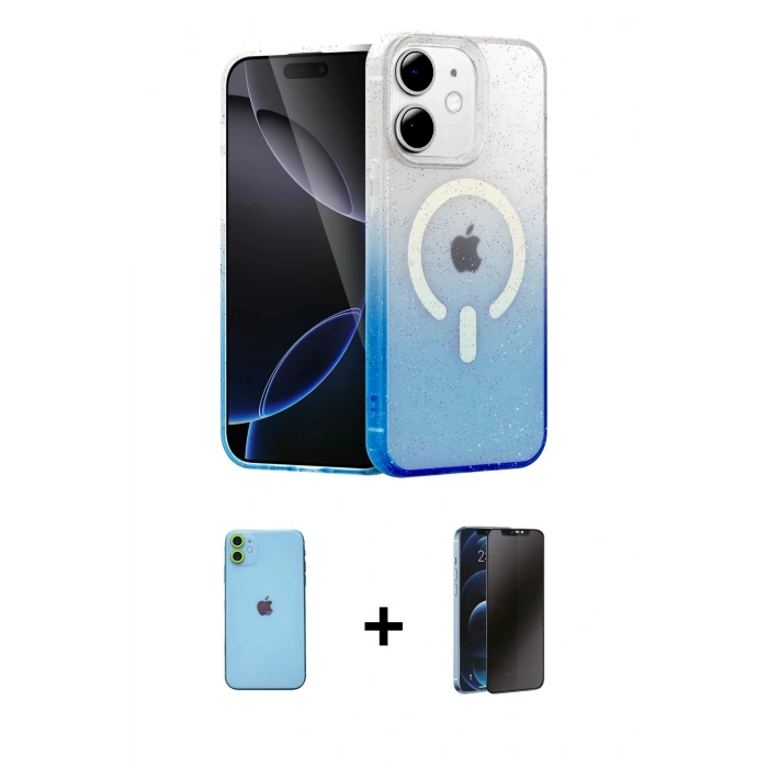MARSİLYAN™- iPhone 11 Kılıf Eksen Minimal Özel Seri - Siyah 3D Antistatik Hayalet Cam Ekran Koruyucu + Neon Fosforlu Kamera Lens - YL