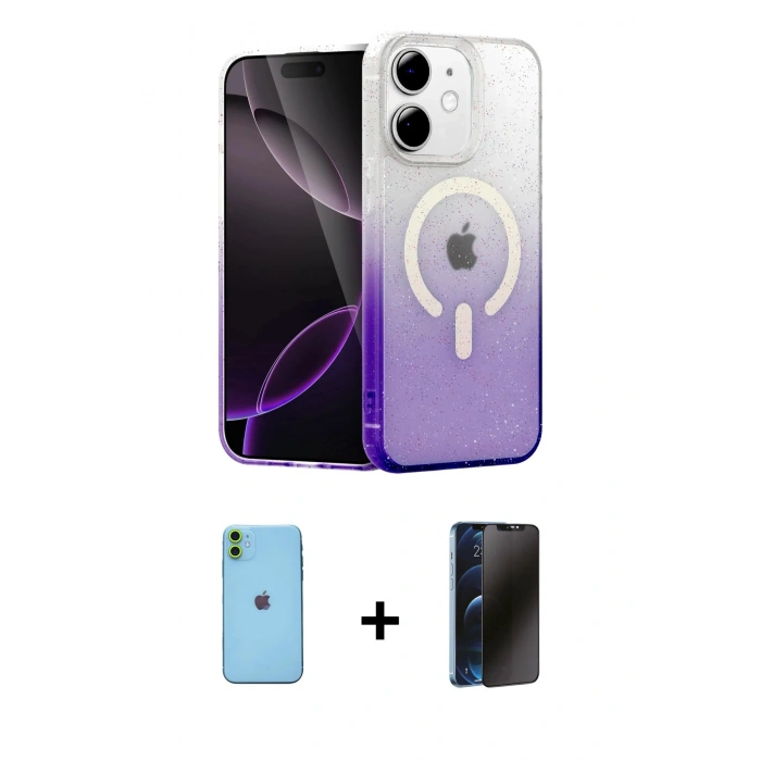 MARSİLYAN™- iPhone 11 Kılıf Eksen Minimal Özel Seri - Siyah 3D Antistatik Hayalet Cam Ekran Koruyucu + Neon Fosforlu Kamera Lens - YL