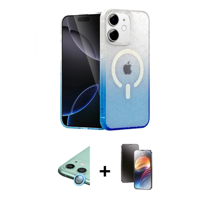MARSİLYAN™- iPhone 11 Kılıf Eksen Minimal Özel Seri - Siyah 3D Antistatik Mat Seramik Nano Ekran Koruyucu + Mavi Raze Metal Kamera Lens