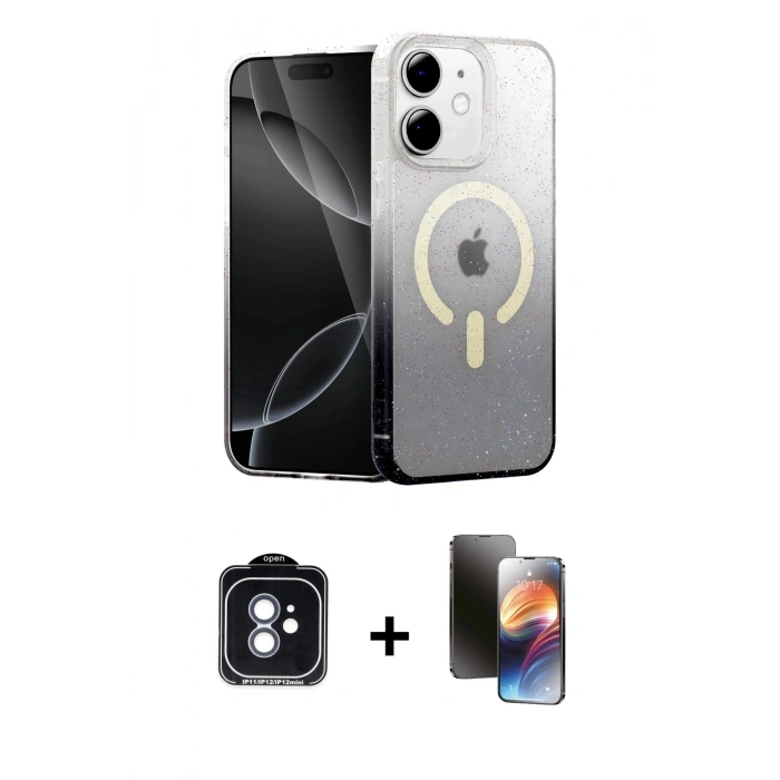MARSİLYAN™- iPhone 11 Kılıf Eksen Minimal Özel Seri - Siyah 3D Antistatik Mat Seramik Nano Ekran Koruyucu + PVD Metal Kamera Lens - MI