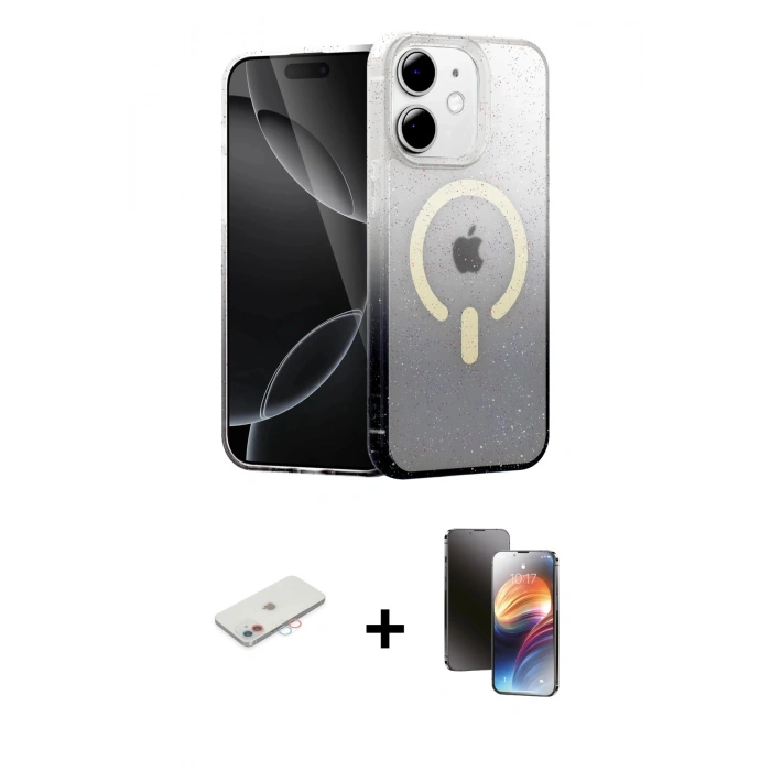 MARSİLYAN™- iPhone 11 Kılıf Eksen Minimal Özel Seri - Siyah 3D Antistatik Mat Seramik Nano Ekran Koruyucu + Renkli Kamera Lens Koruma Cam - PE