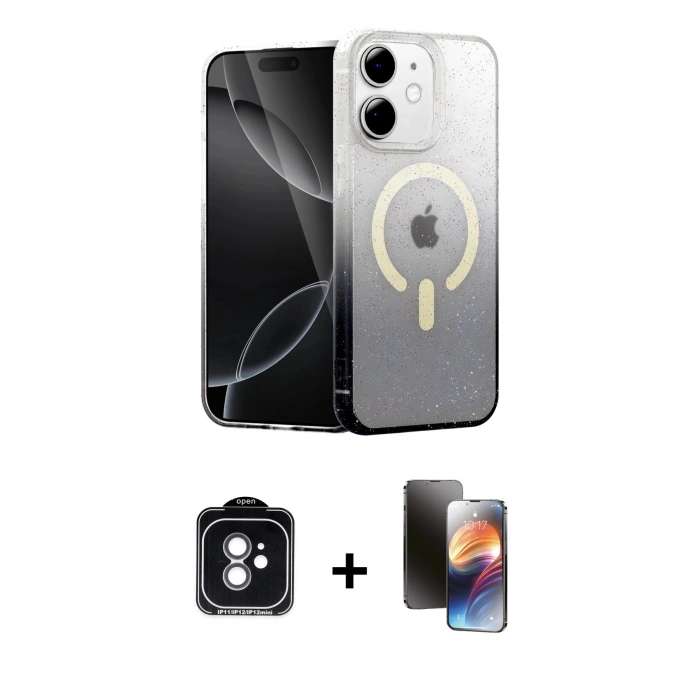 MARSİLYAN™- iPhone 11 Kılıf Eksen Minimal Özel Seri - Siyah 3D Antistatik Mat Seramik Nano Ekran Koruyucu + PVD Metal Kamera Lens - YL