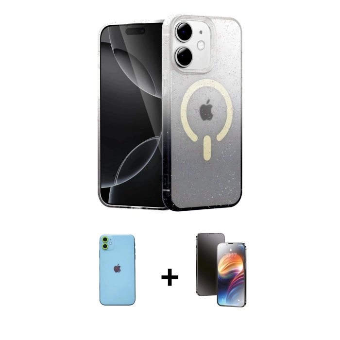 MARSİLYAN™- iPhone 11 Kılıf Eksen Minimal Özel Seri - Siyah 3D Antistatik Mat Seramik Nano Ekran Koruyucu + Neon Fosforlu Kamera Lens - YL