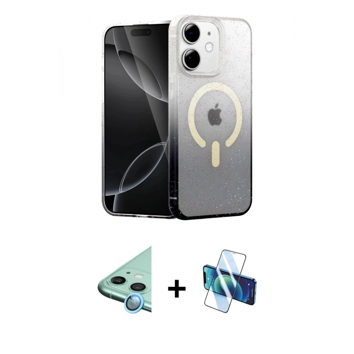 MARSİLYAN™- iPhone 11 Kılıf Eksen Minimal Özel Seri - Siyah 3D Antistatik Seramik Nano Ekran Koruyucu + Raze Metal Kamera Lens - MI