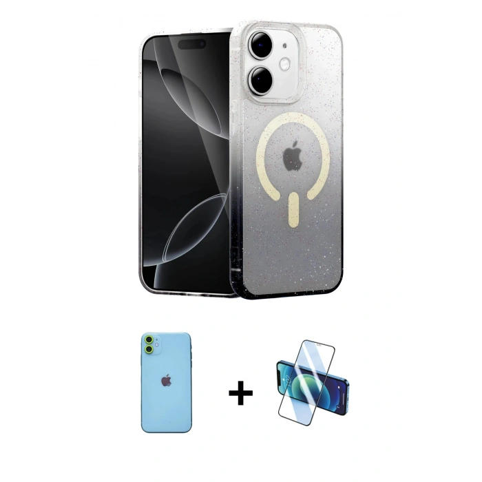 MARSİLYAN™- iPhone 11 Kılıf Eksen Minimal Özel Seri - Siyah 3D Antistatik Seramik Nano Ekran Koruyucu + Neon Fosforlu Kamera Lens - YL