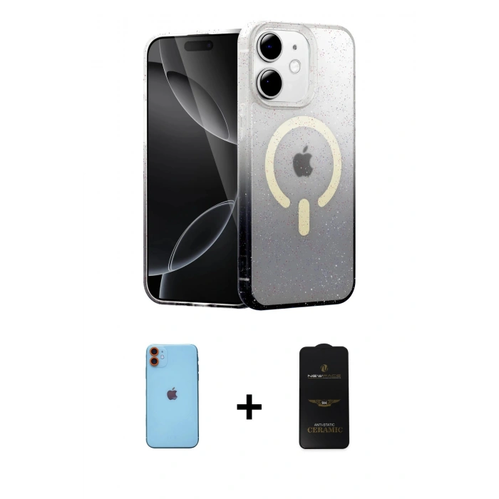 MARSİLYAN™- iPhone 11 Kılıf Eksen Minimal Özel Seri - Siyah 6D Antistatik Mat Seramik Hayalet Nano Ekran Koruyucu + Neon Fosforlu Kamera Lens - TU