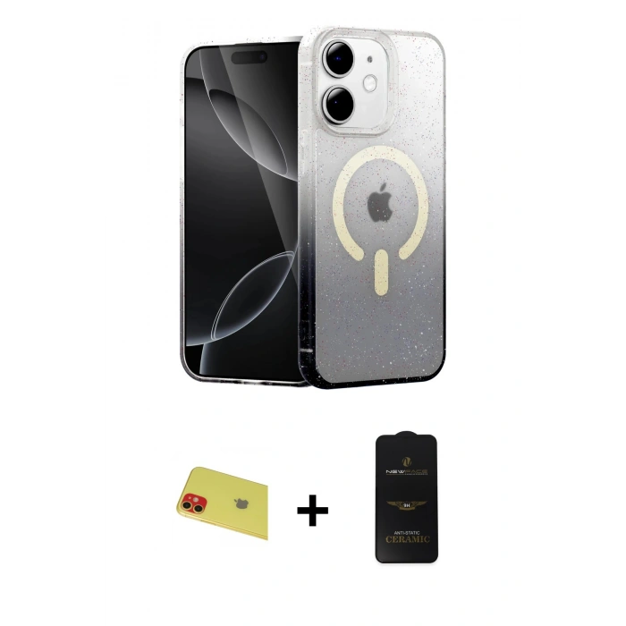 MARSİLYAN™- iPhone 11 Kılıf Eksen Minimal Özel Seri - Siyah 6D Antistatik Mat Seramik Hayalet Nano Ekran Koruyucu + Rainbow Kamera Lens Koruma Cam - KI