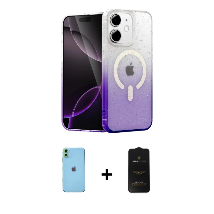 MARSİLYAN™- iPhone 11 Kılıf Eksen Minimal Özel Seri - Siyah 6D Antistatik Mat Seramik Hayalet Nano Ekran Koruyucu + Neon Fosforlu Kamera Lens - YL