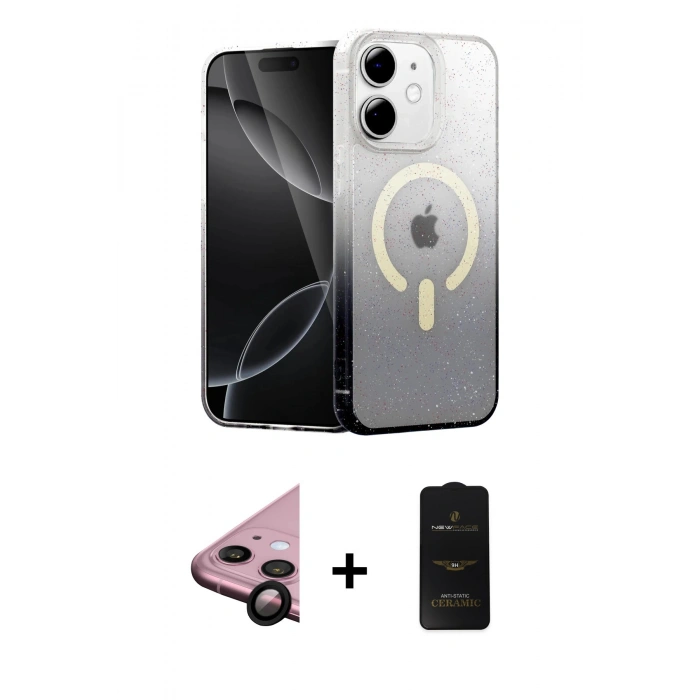 MARSİLYAN™- iPhone 11 Kılıf Eksen Minimal Özel Seri - Siyah 6D Antistatik Mat Seramik Hayalet Nano Ekran Koruyucu + Raze Metal Kamera Lens - SH