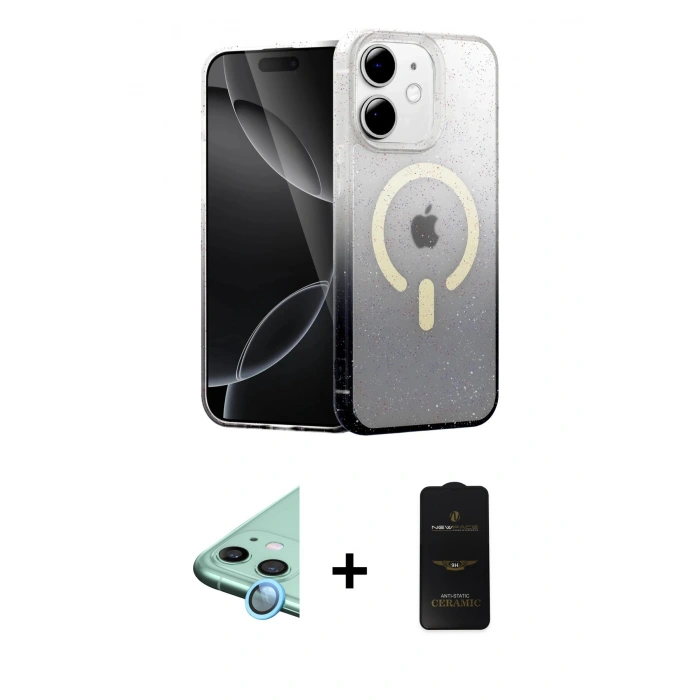 MARSİLYAN™- iPhone 11 Kılıf Eksen Minimal Özel Seri - Siyah 6D Antistatik Mat Seramik Hayalet Nano Ekran Koruyucu + Raze Metal Kamera Lens - MI