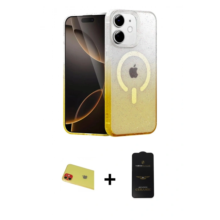 MARSİLYAN™- iPhone 11 Kılıf Eksen Minimal Özel Seri - Siyah 6D Antistatik Mat Seramik Hayalet Nano Ekran Koruyucu + Rainbow Kamera Lens Koruma Cam - KI