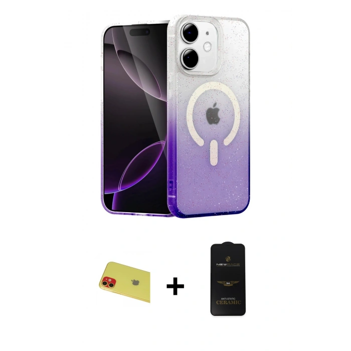 MARSİLYAN™- iPhone 11 Kılıf Eksen Minimal Özel Seri - Siyah 6D Antistatik Mat Seramik Hayalet Nano Ekran Koruyucu + Rainbow Kamera Lens Koruma Cam - KI