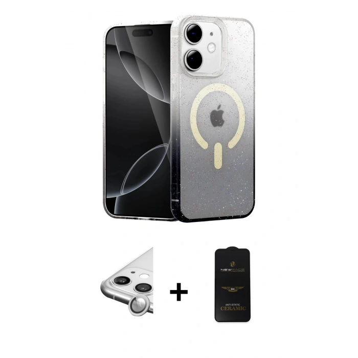 MARSİLYAN™- iPhone 11 Kılıf Eksen Minimal Özel Seri - Siyah 6D Antistatik Mat Seramik Hayalet Nano Ekran Koruyucu + Raze Metal Kamera Lens - GS