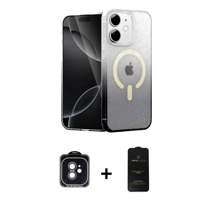 MARSİLYAN™- iPhone 11 Kılıf Eksen Minimal Özel Seri - Siyah 6D Antistatik Mat Seramik Hayalet Nano Ekran Koruyucu + Siyah PVD Metal Kamera Lens