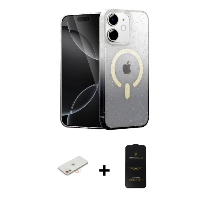 MARSİLYAN™- iPhone 11 Kılıf Eksen Minimal Özel Seri - Siyah 6D Antistatik Mat Seramik Hayalet Nano Ekran Koruyucu + Renkli Kamera Lens Koruma Cam - YL