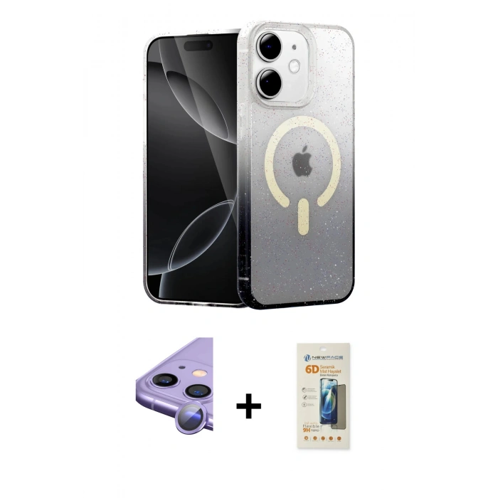 MARSİLYAN™- iPhone 11 Kılıf Eksen Minimal Özel Seri - Siyah 6D Mat Seramik Hayalet Nano Ekran Koruyucu + Mor Raze Metal Kamera Lens