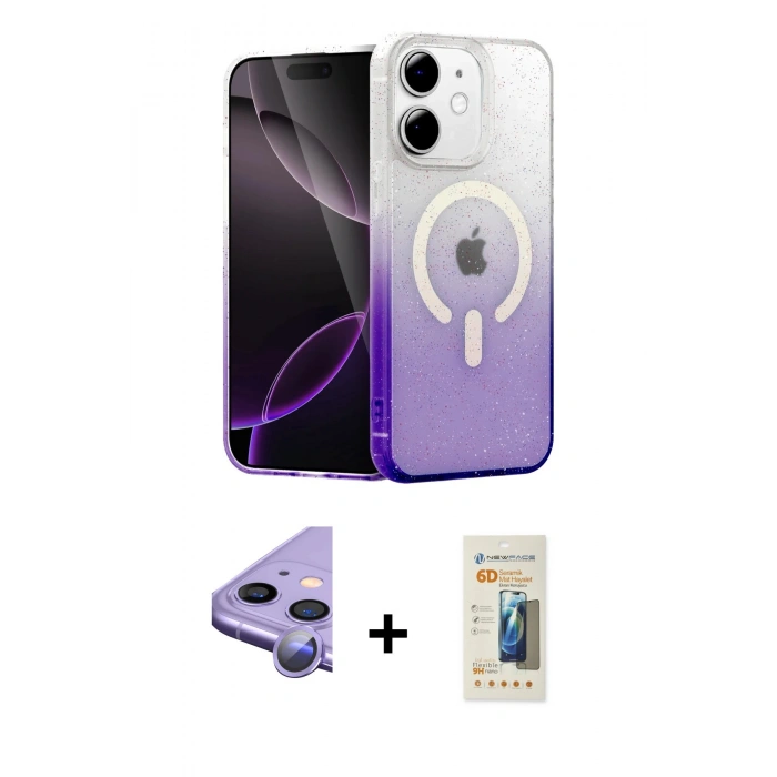 MARSİLYAN™- iPhone 11 Kılıf Eksen Minimal Özel Seri - Siyah 6D Mat Seramik Hayalet Nano Ekran Koruyucu + Mor Raze Metal Kamera Lens