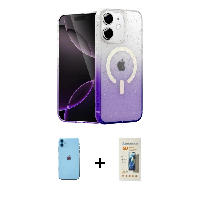 MARSİLYAN™- iPhone 11 Kılıf Eksen Minimal Özel Seri - Siyah 6D Mat Seramik Hayalet Nano Ekran Koruyucu + Neon Fosforlu Kamera Lens - MI