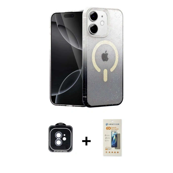 MARSİLYAN™- iPhone 11 Kılıf Eksen Minimal Özel Seri - Siyah 6D Mat Seramik Hayalet Nano Ekran Koruyucu + PVD Metal Kamera Lens - MI