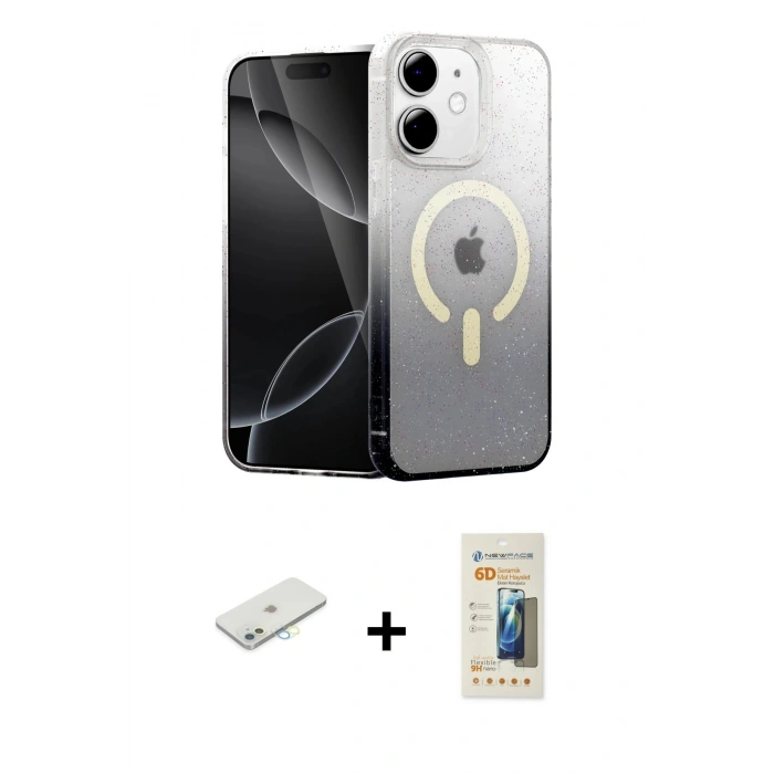 MARSİLYAN™- iPhone 11 Kılıf Eksen Minimal Özel Seri - Siyah 6D Mat Seramik Hayalet Nano Ekran Koruyucu + Renkli Kamera Lens Koruma Cam - SI