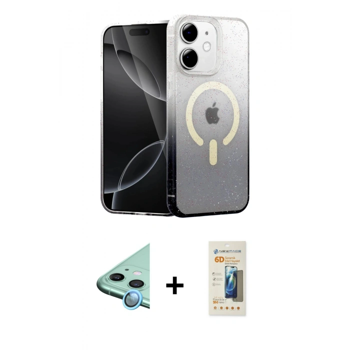 MARSİLYAN™- iPhone 11 Kılıf Eksen Minimal Özel Seri - Siyah 6D Mat Seramik Hayalet Nano Ekran Koruyucu + Raze Metal Kamera Lens - MI