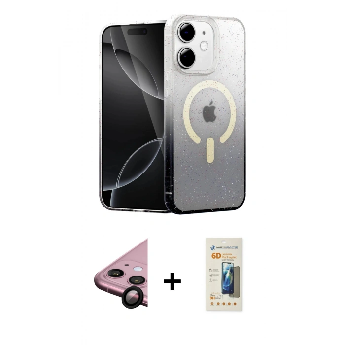 MARSİLYAN™- iPhone 11 Kılıf Eksen Minimal Özel Seri - Siyah 6D Mat Seramik Hayalet Nano Ekran Koruyucu + Raze Metal Kamera Lens - SH