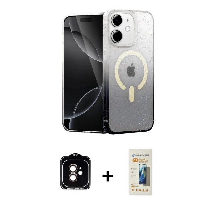 MARSİLYAN™- iPhone 11 Kılıf Eksen Minimal Özel Seri - Siyah 6D Mat Seramik Hayalet Nano Ekran Koruyucu + PVD Metal Kamera Lens - TU