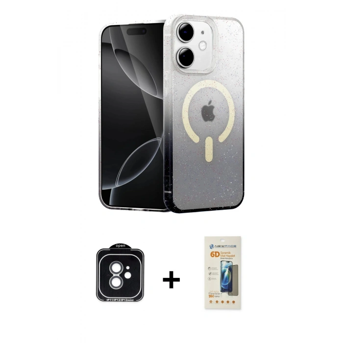 MARSİLYAN™- iPhone 11 Kılıf Eksen Minimal Özel Seri - Siyah 6D Mat Seramik Hayalet Nano Ekran Koruyucu + PVD Metal Kamera Lens - YL