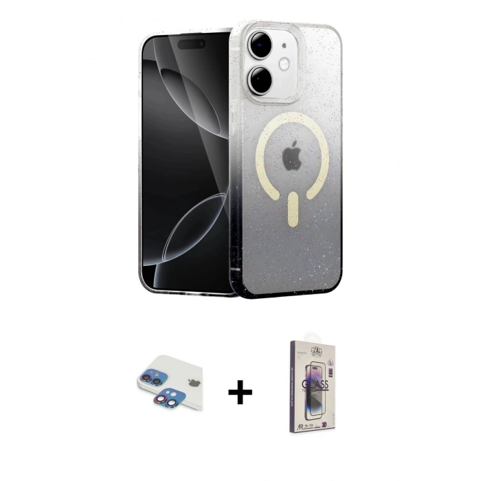 MARSİLYAN™- iPhone 11 Kılıf Eksen Minimal Özel Seri - Siyah Bilvis 3D Cam Ekran Koruyucu + Gökkuşağı Pers Alüminyum Kamera Lens