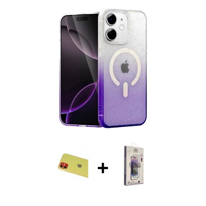 MARSİLYAN™- iPhone 11 Kılıf Eksen Minimal Özel Seri - Siyah Bilvis 3D Cam Ekran Koruyucu + Kırmızı Rainbow Kamera Lens Koruma Cam
