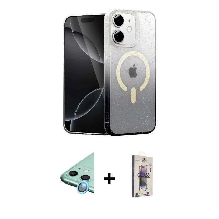 MARSİLYAN™- iPhone 11 Kılıf Eksen Minimal Özel Seri - Siyah Bilvis 3D Cam Ekran Koruyucu + Raze Metal Kamera Lens - MI
