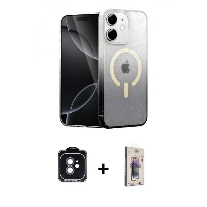 MARSİLYAN™- iPhone 11 Kılıf Eksen Minimal Özel Seri - Siyah Bilvis 3D Cam Ekran Koruyucu + PVD Metal Kamera Lens - SH