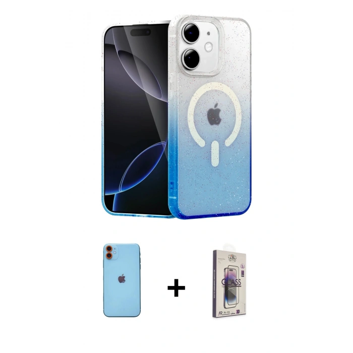MARSİLYAN™- iPhone 11 Kılıf Eksen Minimal Özel Seri - Siyah Bilvis 3D Cam Ekran Koruyucu + Turuncu Neon Fosforlu Kamera Lens
