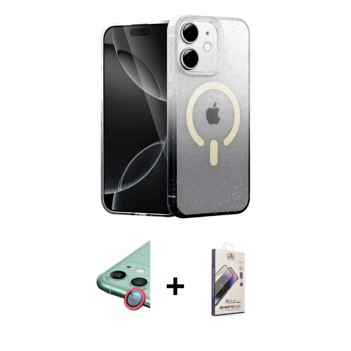 MARSİLYAN™- iPhone 11 Kılıf Eksen Minimal Özel Seri - Siyah Bilvis 3D Mat Cam Ekran Koruyucu + Raze Metal Kamera Lens - KI