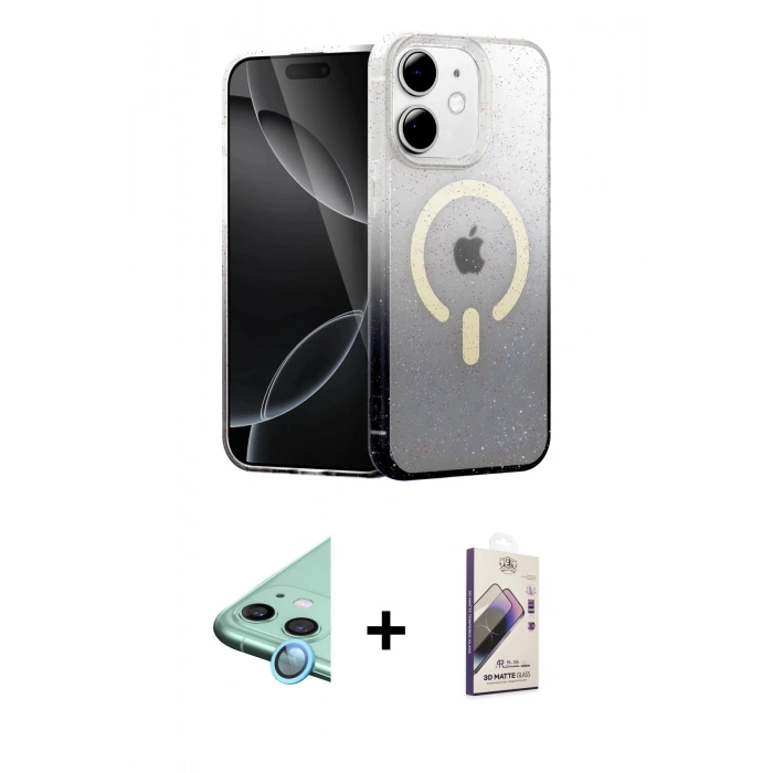 MARSİLYAN™- iPhone 11 Kılıf Eksen Minimal Özel Seri - Siyah Bilvis 3D Mat Cam Ekran Koruyucu + Raze Metal Kamera Lens - MI
