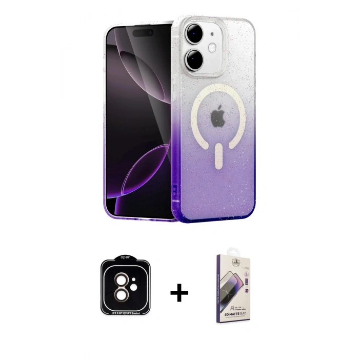 MARSİLYAN™- iPhone 11 Kılıf Eksen Minimal Özel Seri - Siyah Bilvis 3D Mat Cam Ekran Koruyucu + PVD Metal Kamera Lens - TU