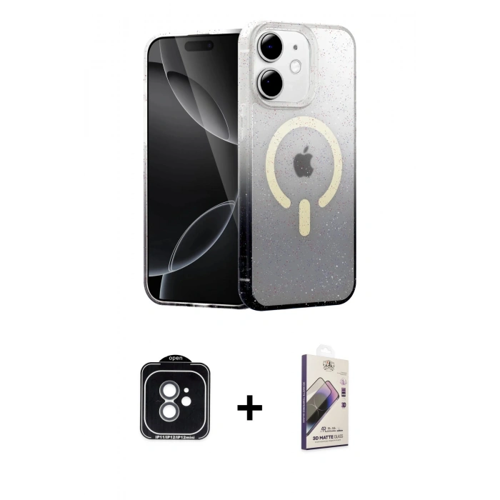 MARSİLYAN™- iPhone 11 Kılıf Eksen Minimal Özel Seri - Siyah Bilvis 3D Mat Cam Ekran Koruyucu + PVD Metal Kamera Lens - YL