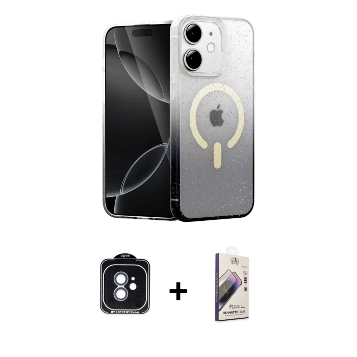 MARSİLYAN™- iPhone 11 Kılıf Eksen Minimal Özel Seri - Siyah Bilvis 3D Mat Cam Ekran Koruyucu + PVD Metal Kamera Lens - MI