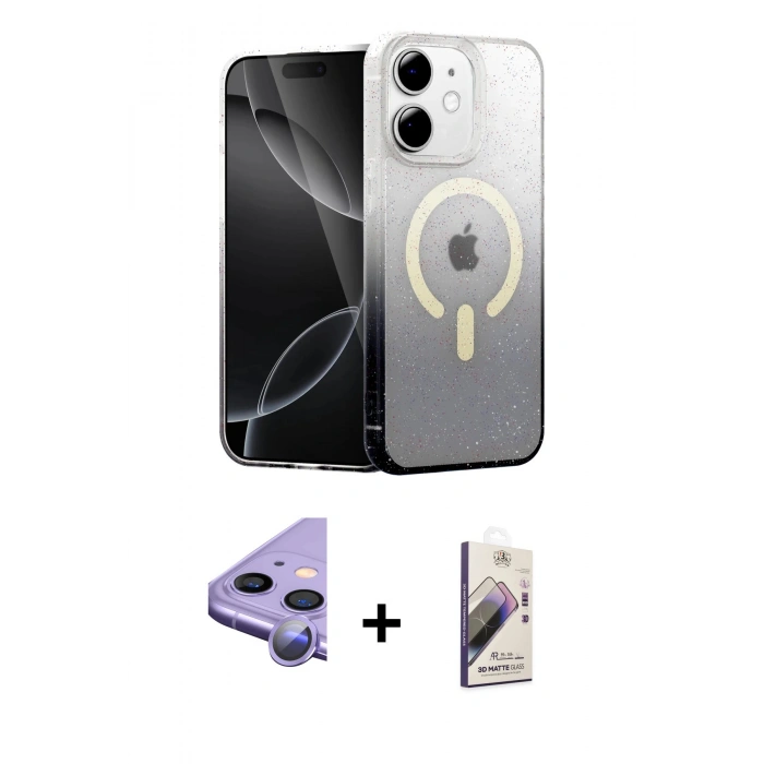 MARSİLYAN™- iPhone 11 Kılıf Eksen Minimal Özel Seri - Siyah Bilvis 3D Mat Cam Ekran Koruyucu + Raze Metal Kamera Lens - MR