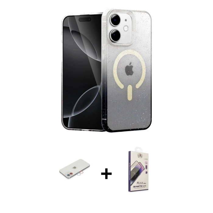 MARSİLYAN™- iPhone 11 Kılıf Eksen Minimal Özel Seri - Siyah Bilvis 3D Mat Cam Ekran Koruyucu + Renkli Kamera Lens Koruma Cam - PE