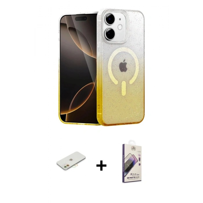 MARSİLYAN™- iPhone 11 Kılıf Eksen Minimal Özel Seri - Siyah Bilvis 3D Mat Cam Ekran Koruyucu + Turuncu Renkli Kamera Lens Koruma Cam