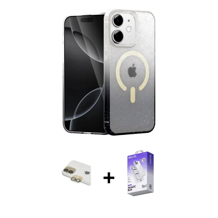 MARSİLYAN™- iPhone 11 Kılıf Eksen Minimal Özel Seri - Siyah Bilvis 5in1 3D Magic Cam Ekran Koruyucu + Gold Pers Alüminyum Kamera Lens