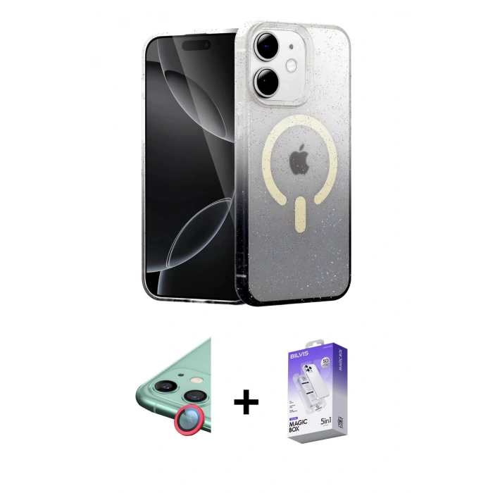 MARSİLYAN™- iPhone 11 Kılıf Eksen Minimal Özel Seri - Siyah Bilvis 5in1 3D Magic Cam Ekran Koruyucu + Kırmızı Raze Metal Kamera Lens